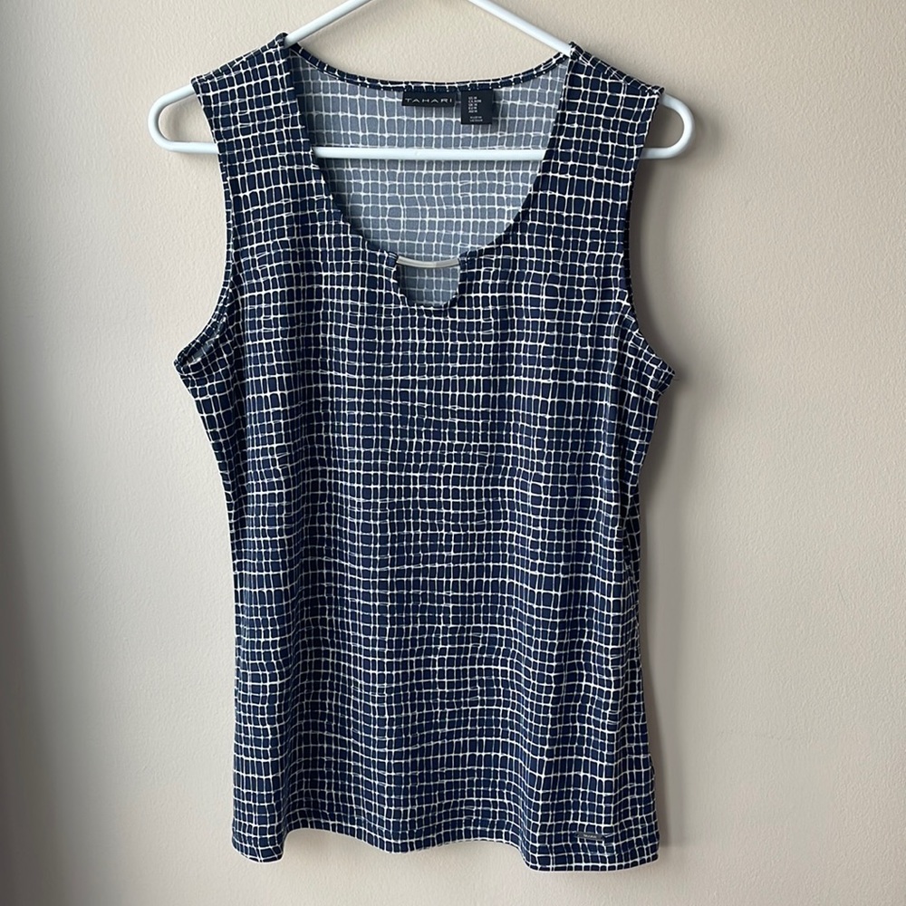 Tahari Navy and White Grid Sleeveless Blouse
